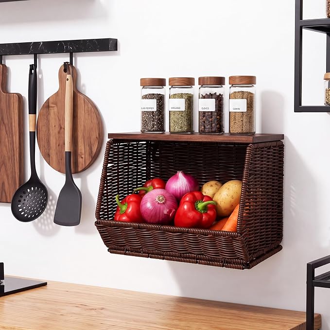 FoldTier Rattan Wicker Fruit Basket with Lid - 12 inch Stackable Wall Mounted Hanging Rattan Storage Basket for Kitchen Counter Handwoven Countertop Produce Organizer for Fruits Vegetables Snacks