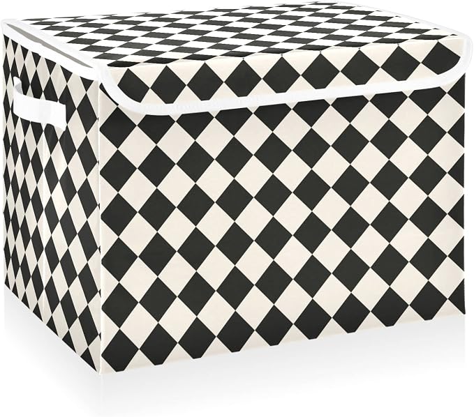 CaTaKu Large Fabric Storage Bins With Lids,Black and White Checkered Storage Boxes With Handles for Organizing Clothes, Collapsible Storage Cube Bins Baskets for Shelves