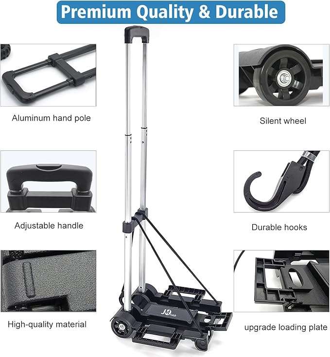 70 lbs Small Folding Hand Truck Dolly with 2 Wheels,Foldable Luggage Cart Expandable Large Chassis Foldable into Backpack for Airport,Travel,Moving and Office Use (Black-Steel)