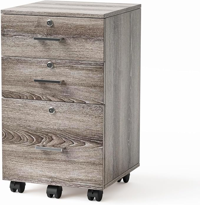 VINGLI 3-Drawer File Cabinet with Lock, Wood Rolling Filing Cabinets for Home Office, Mobile Printer Stand, Under Desk File Organizer for Letter Sized Files, 26" H(Caster Included),Gray Oak