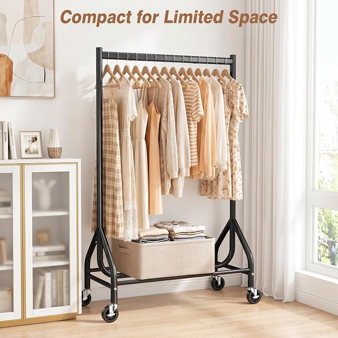 EAGMAK Heavy Duty Clothes Rack Load 268 LBS, 31.5 inch Hanging Rod, Black | Metal Frame, Stable Base, Compact Size, Rolling Smooth, For Bedroom Closet Entryway Laundry Living Room Home Garage Storage