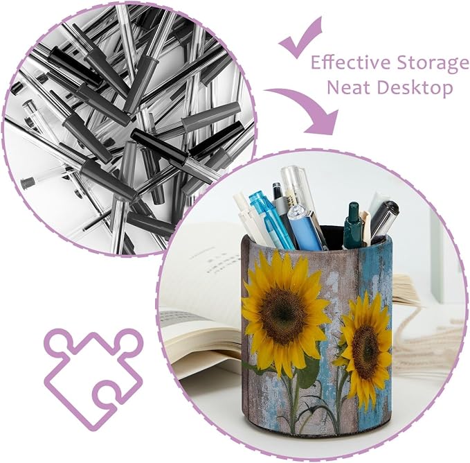 Faux Leather Pen Holder for Desk, Pencil Organizer Farmhouse Sunflowers Pen Cup Desk Decor Makeup Brush Holder Storage for Office Home