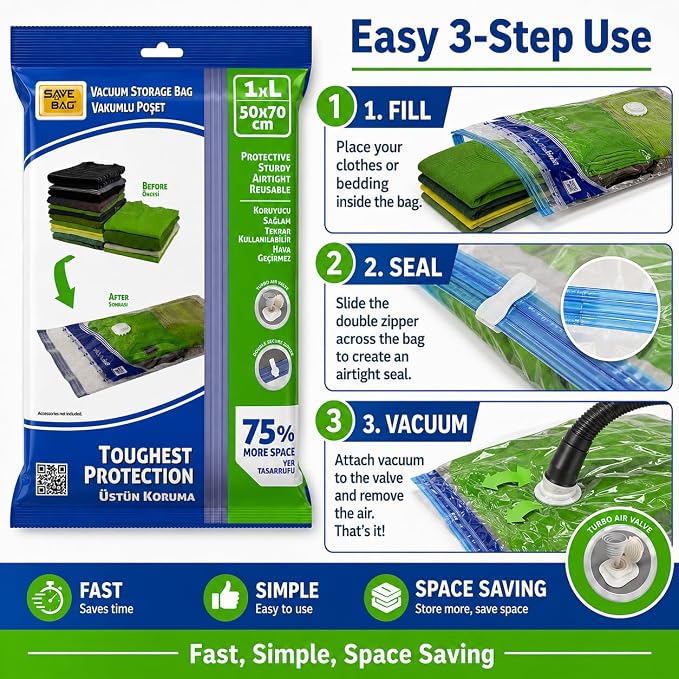 Jumbo Vacuum Storage Bags, Space Saver Sealer Compression Bags for Comforters, Blankets, Pillows, Bedding, Clothes (50cm x 80cm -1Pack Large)