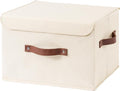 Collapsible Storage Boxes Baskets with Lid Cotton Linen Fabric Storage Bins with Faux Leather Handles Decorative Washable Cube Organizer Container for Home Closet Bedroom (Beige, Large Size)