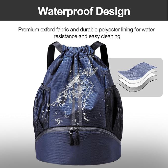 Hoedia Sports Drawstring Backpack - String Swim Gym Bag with Shoes Compartment and Wet Proof Pocket for Women&Men