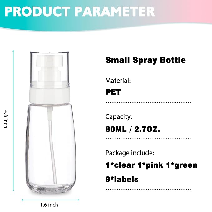 3 Pack 2.7oz/80ml Small Spray Bottle, Plastic Spray Bottles, Fine Mist Travel Spray Bottle for Hair and Face, with 9pcs Labels