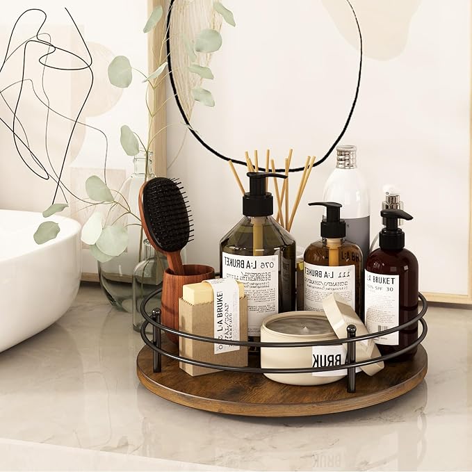 12" Lazy Susan Turntable Organizer,Round Wooden Lazy Susan Organization and Rotating Spice Rack for Dining Table,Pantry,Kitchen Countertop,Vanity,Cupboard and More. (Heightened Version,Round)