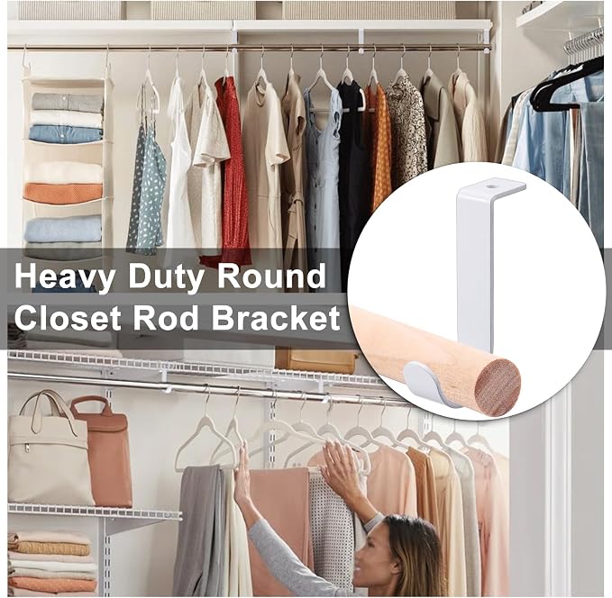 OwnMy 2PCS Closet Rod Brackets, 1 Inch to 1.5 Inch Round Closet Rod Holders | Heavy Duty Wall Mount Closet Shelf Rod Pole Support Brackets, Metal Clothes Storage Hangers Brackets with Screws, White