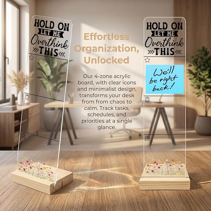 Sticky Note Holder, Monitor Memo Board, Acrylic Post It Note Holder with Wooden Base, Includes 200 Notes, Desk Organizer Overthink Quote