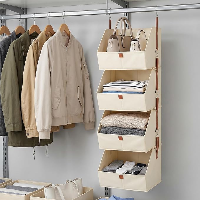 4-Tier Hanging Closet Organizer and Storage, Foldable Fabric Shelves with Hooks, Space-Saving Hanging Shoe Organizer for Bedroom, Dorm, RV, Beige