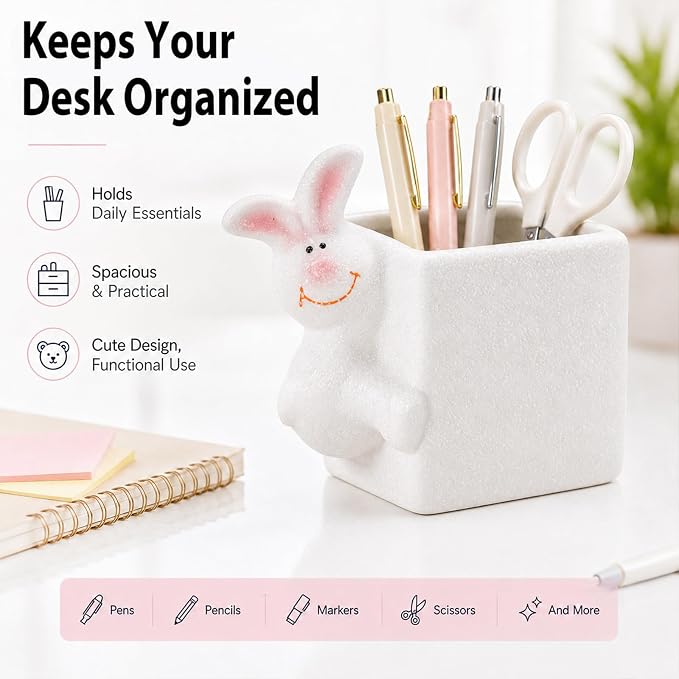Ceramic Rabbit Shaped Pen Pencil Holder for Desk Decoration Accessories Rabbit Decor Makeup Brush Pen Cups Office School Ideal Gifts for Women, Mom or Birthdays