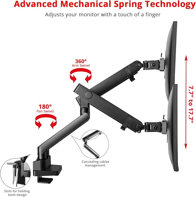 SIIG Aluminum Mechanical Dual Monitor Arm Mount - Height Adjustable Desk Mount for 17in to 32in Screens - 17.6lbs Each Arm - VESA 75x75mm 100x100mm, Black