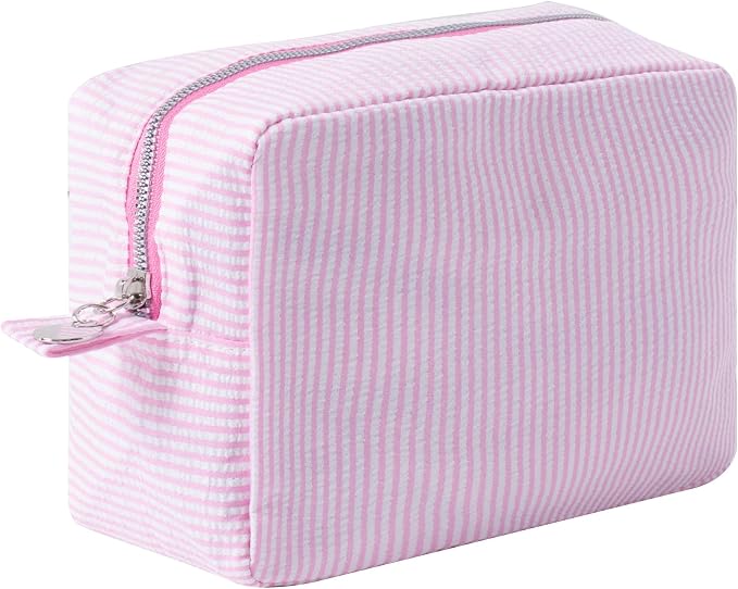 Large Capacity Striped Pencil Case Cosmetic Bag with Zipper Portable Stationery Organizer Pouch for School Students Teens Travel Toiletry Bag (Pink)