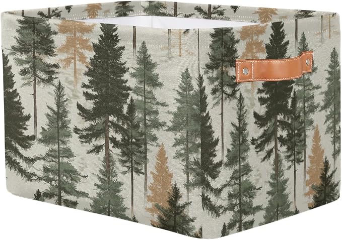 Rectangular Storage Bins Forest Pine Tree Pattern Collapsible Fabric Storage Basket Organizer with Handles for Nursery Bedroom Bathroom