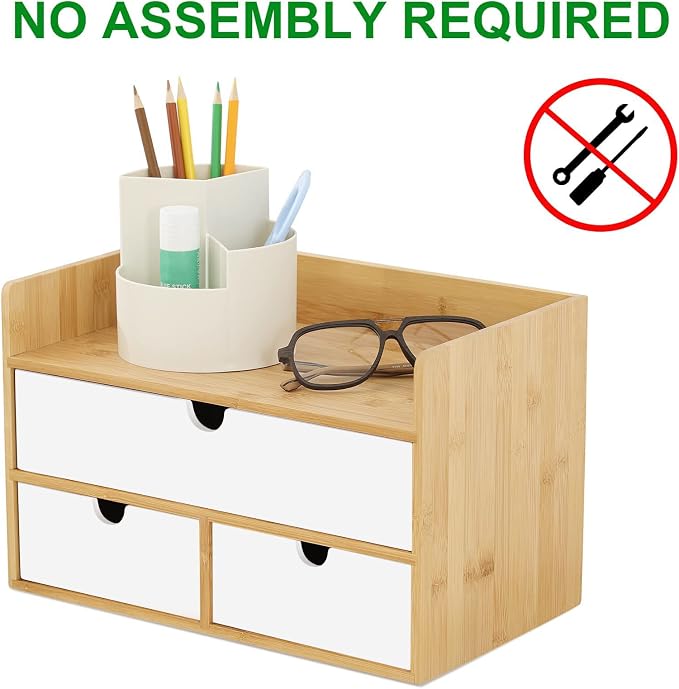 Bamboo Desk Organizer with Drawers, Desktop Storage for Office Supplies | 3 Drawers Desktop organizer, No Assembly Required, Natural Wood Wooden Desktop Drawers Box for Bills, Cosmetics, Seals, Paper