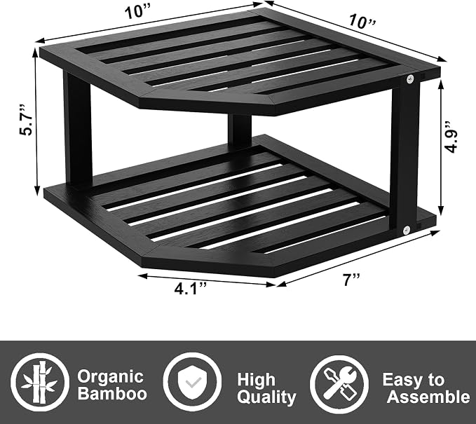VERTORGAN Bamboo Corner Shelf(2 Pack),2 Tier Plate Organizer for Cabinet and Countertop,Pantry Dish and Spice Rack for Kitchen(Black)