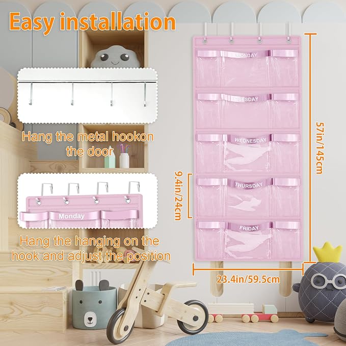 Weekly Hanging Closet Organizer for Kids,Day of Week Kids Clothes Organizer,School Clothing Storage Monday to Friday Hanging Closet Organizer Shelves for Bedroom,Bathroom,Dorm (Pink)