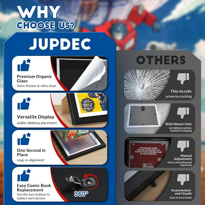 JupDec Comic Book Frame, Premium Wood Display Case for 6 11/16" × 10 3/16" Comic, Wall Mount or Tabletop Stand, Layered Design with Positioning Mat, Perfect for Home Decor, 1 Pack, White