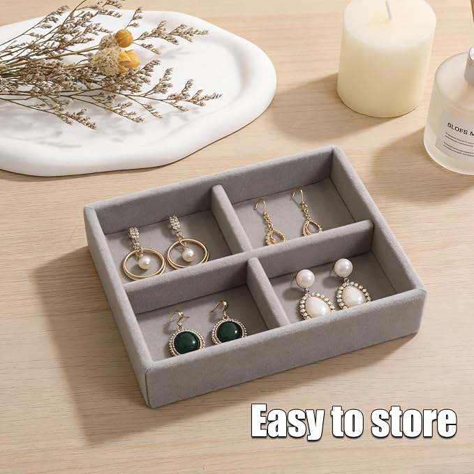 Small Jewelry Tray Set 4 Pcs Grey Velvet Stackable Jewelry Organizer Tray Mini Jewelry Drawer Organizer for Necklace Ring Earrings Jewelry (4 Styles)