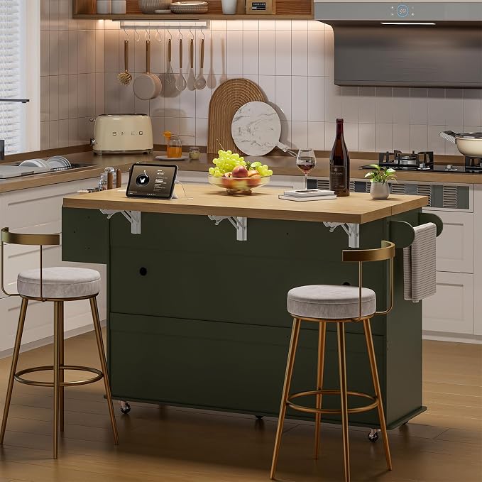 ONBRILL 60" Kitchen Island with Power Outlet & Drop Leaf, Rolling Island with Spice Rack & Towel Rack, Kitchen Island Cart with Trash Storage Cabinet, Island Table for Kitchen, Green