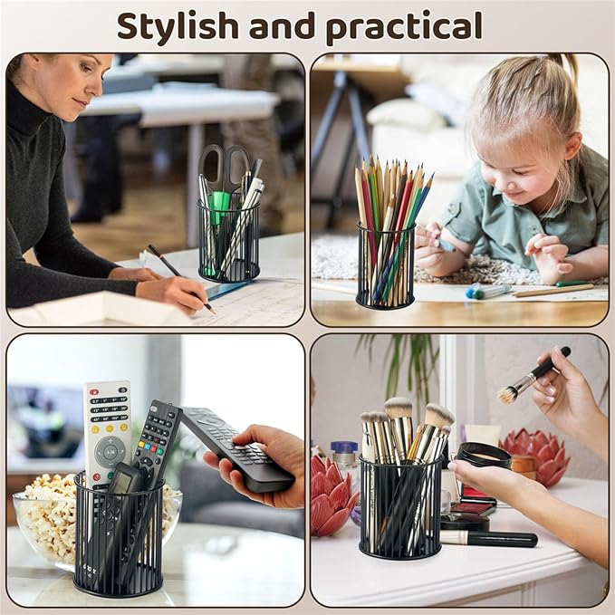 2 Sets Metal Pen Holder for Desk,Makeup Brushes Cup Holder, Pencil Holders, Pen cup, Home and Office Organizer, Black