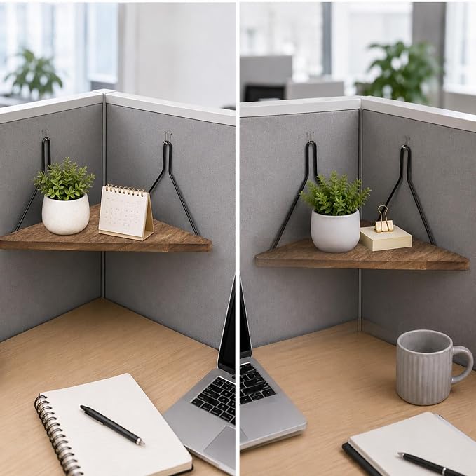 1PCS Fabric Wall Cubicle Corner Shelf with Hooks, Wooden Organizer | 11.81 x 8.46 In Triangular Hanging Shelves for Office Fabric Walls, Work Display Storage, Small Planter, Photo, Decor