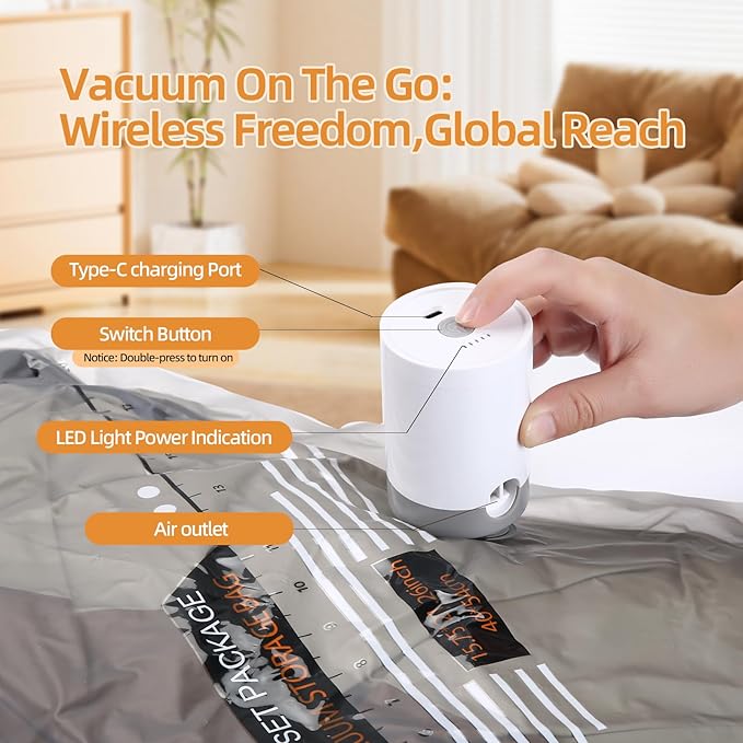 Vacuum Seal Bags For Travel With Rechargeable Cordless Pump, 15 Pack Space Saver Compression Bags For Clothes, Bedding, Blankets, Pillows, Luggage, Ideal For House Moving & Home Organization
