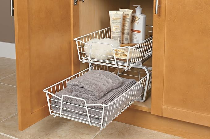 ClosetMaid 11 in. Pull Out Cabinet Organizer, 2 Tier, Heavy Duty, Slide Out Pantry Shelves Drawers for Kitchen, Bathroom, White