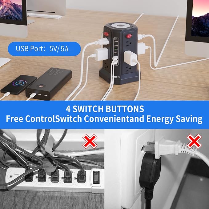 Surge Protector Power Strip with 10FT Cord 1625W|13A, Power Tower with 5 USB Ports and Night Light, PASSUS Outlet Tower with 12 AC Outlets Overload Protection for Home Office DormRoom (Black-13A)