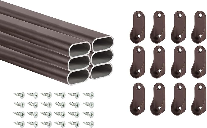 Outwater 48 Inch Oil Rubbed Bronze Aluminum Oval Closet Rod Kit, 1-3/16 Inch x 19/32 Inch Profile, Includes Matching Screw Mount Supports and Mounting Screws, Pack of 6