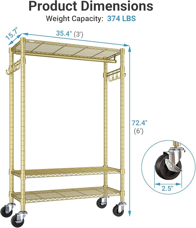 VIPEK R3 Heavy Duty Clothes Rack with Lockable Wheels, Rolling Portable Closet with Adjustable Shelves & Hanging Rod & Side Hooks, Compact Space-Saving Storage for Small Apartments/Dorms (Gold)