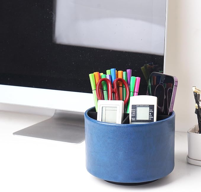 Round Leather Art Supply Organizer,Remote Control Holder,360 Degree Spinning,Multi-Functional Pencil Holder,4 Compartments Desktop Stationary Organizer(1-Oil Blue2)