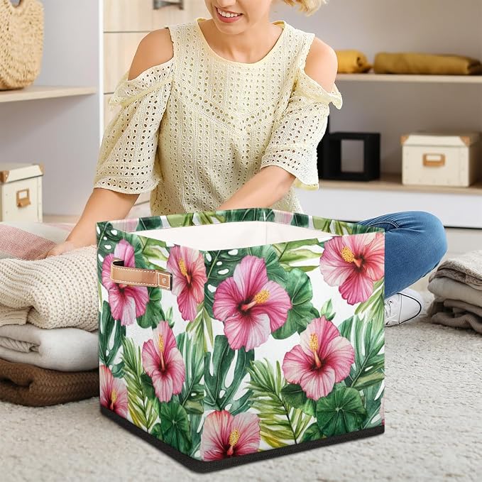 TropicalLife Floral Tropical Storage Cube, 13 Inch Fabric Cube Storage Organizer Bin for Shelves Clothes, Decorative Foldable Storage Boxes