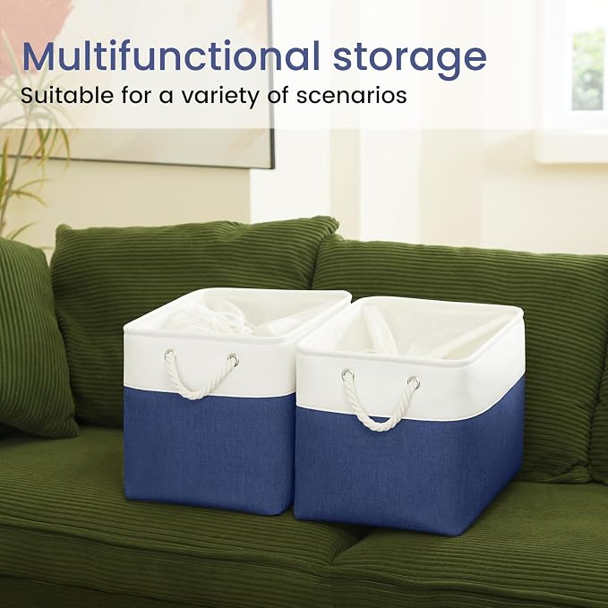 Large Storage Baskets- 16x12x12 inch Storage Bins for Shelves and Closet Organizing, Foldable Fabric Bin for Home Organization Clothes and Laundry (3-Pack, White&Blue)