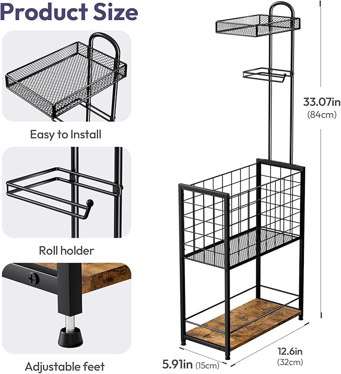SWTYMIKI Freestanding Toilet Paper Holder - 4-Tier Free Standing Toilet Paper Holder Stand with Large Basket, Stand Mega Roll Storage Rack for Extra Rolls, Magazines, Wet Wipes, Black