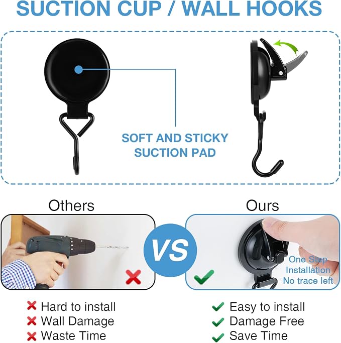 Heavy Duty Vacuum Wreath Cup Adhesive Hook,Hanging 13 lbs Robe Towel Hooks, Super Suction for Kitchen， Bathroom and Restroom (Shiny Black, 2Pack)