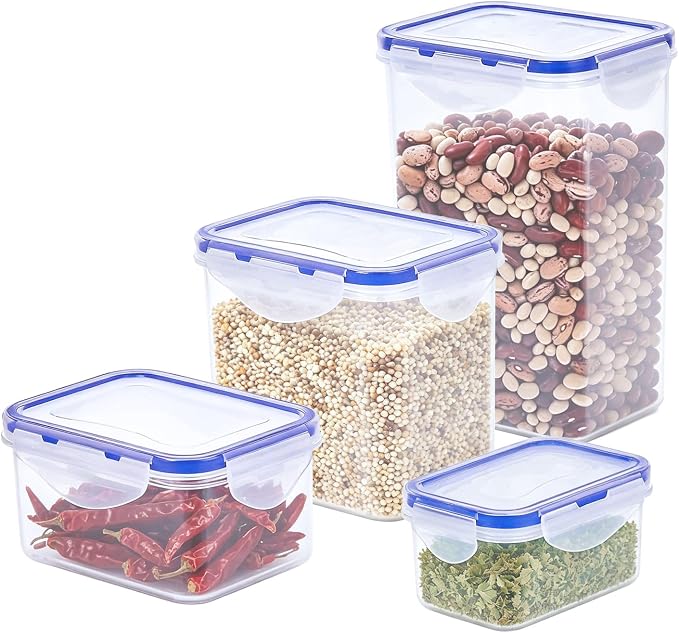 KIGI Airtight Food Storage Containers, Plastic Canisters & Jars for Kitchen Pantry Dry Food Organization, 4-Sided Locking Lid, Clear, 8-Piece, 0.75 Cup / 2.1 Cup / 3.6 Cup / 5.4 Cup