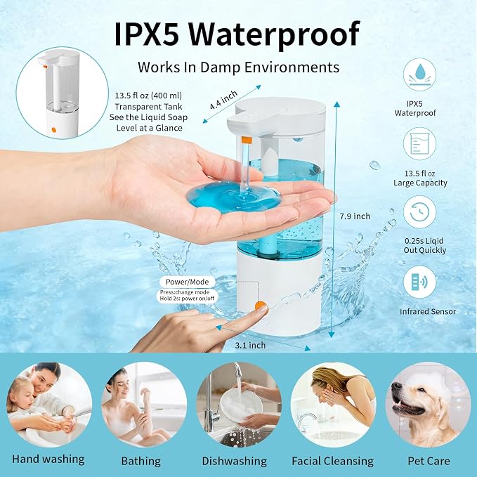 Automatic Liquid Soap Dispenser Touchless, USB Rechargeable Smart Hand Soap Dispenser, 4-Level Adjustable, 13.5oz/400mL Wall Mount for Bathroom Kitchen Dish Soap-Orange