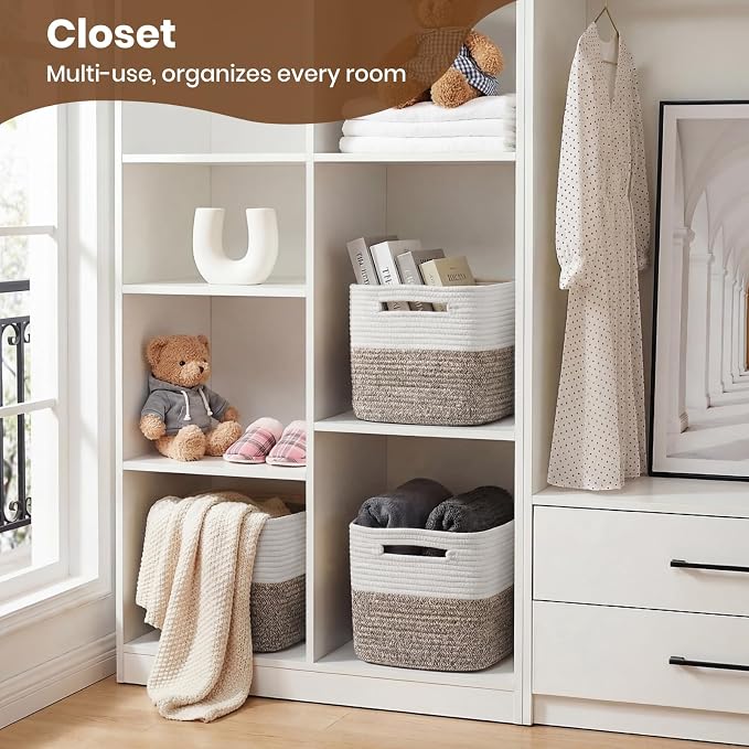 Storage Baskets for Organizing, 14 x 10 x 9” Closet Shelf Woven Baskets, Square Bins with Handles, Cotton Rope Basket for Clothes, Office, Room, White+Dark brown 1 Pack