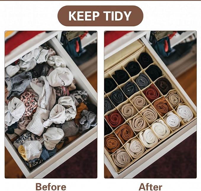 PINGMIC Beige Sock Organizer Divider 2 Pack with Lid - 30 Cell Foldable Closet Storage, Tie Organizer For Men Boxes for Socks, Ties, Belts