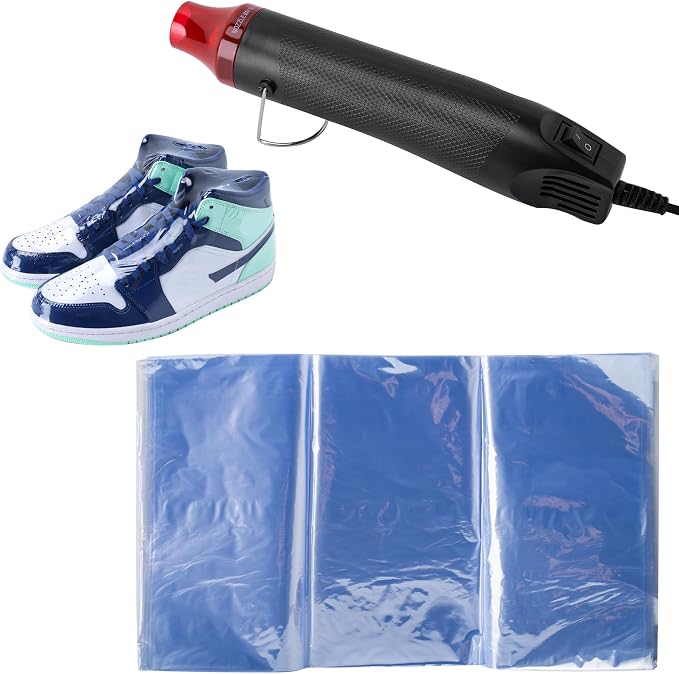 Shrink Wrap Bags Kit with 18x 11 Inches Shoe Heat Shrink Wrap Bags x 50 Pcs, Mini Heat Gun x 1 for Shoe Books Storage Avoid Sole Yellowing and Keep Dust Away