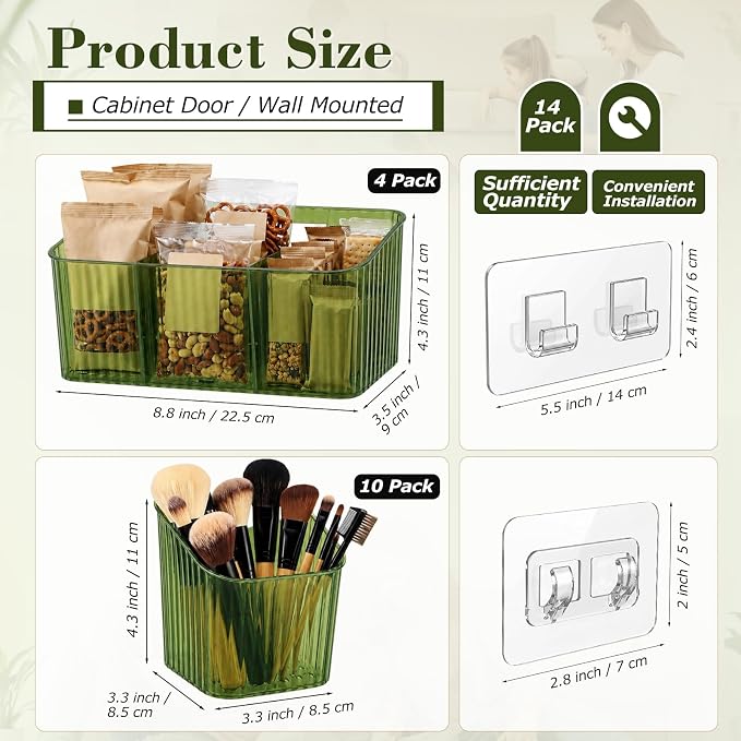 14 Pack Cabinet Door Organizer Adhesive Wall Mount Storage Bins Makeup Containers Stackable Organizer Basket for Kitchen Cabinets, Bathroom, Pantry, Office, Refrigerator (Frosted Green)