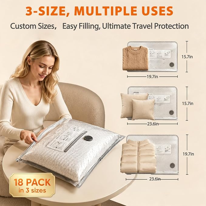 Travel Vacuum Bags with Pump – 18 Vacuum Storage Bags for Clothing, Travel & Home Storage, Double Zipper, Space Saving, Portable, Rechargeable