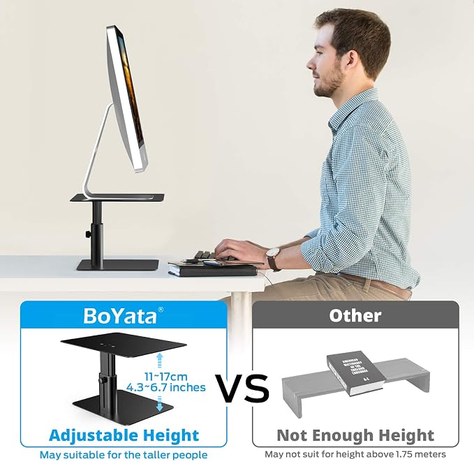BoYata Monitor Stand, Adjustable Height Metal Desktop Riser, Black | Height-adjustable metal riser with open storage space underneath for monitors, laptops, iMacs, PCs and TVs