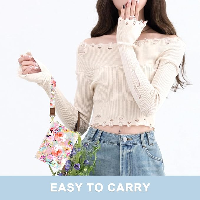 Aiawoxc Credit Card Holder, Small RFID Wallet Slim Leather Card Organizer Case with Zipper and Wristlet Strap, Watercolor Flowers