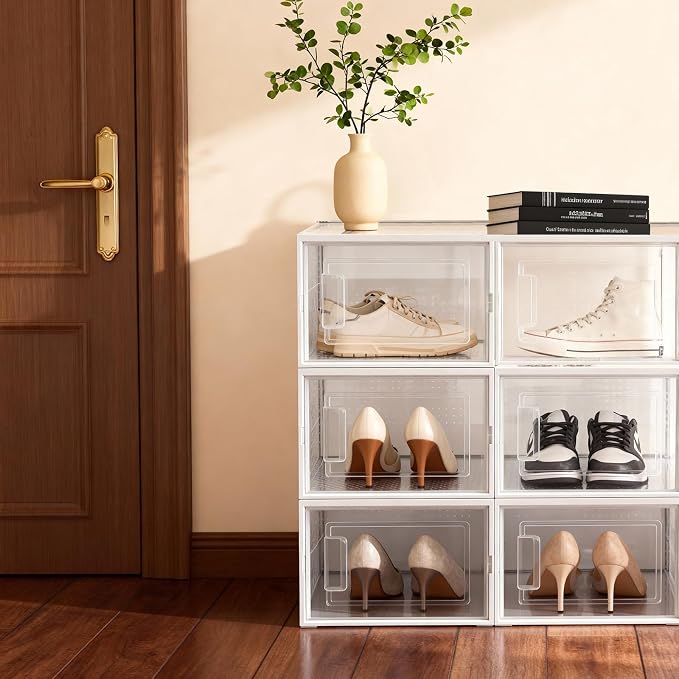 Shoe Storage Boxes, Stack Without Toppling Modular storage boxes combine freely for use in closets, under beds, hallways, and entryways. Space-saving. (Transparent, 6 Pack)