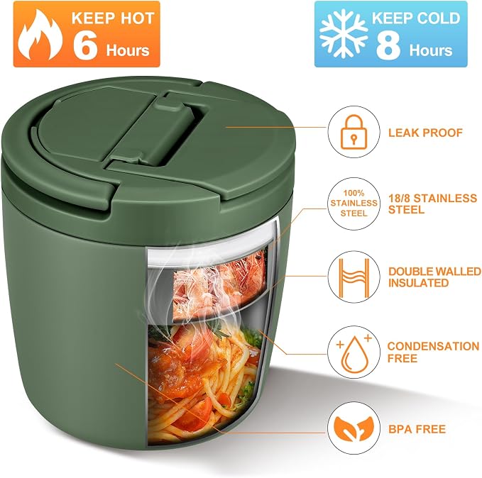 wiwens 40oz Insulated Lunch Containers for Adults Soup Thermo for Hot Food | Leak Proof Wide Mouth Vacuum Stainless Steel Thermal Jar Bento Box with Buckle Lid and Spoon