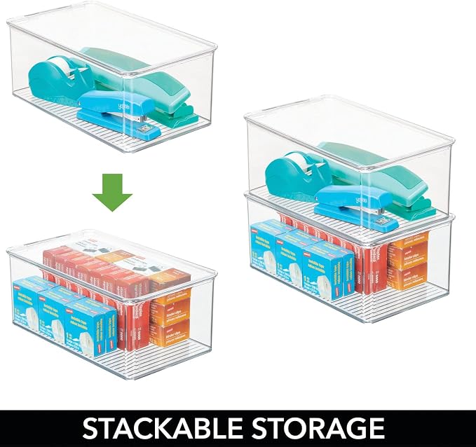 mDesign Plastic Stackable Home Office Storage Organizer Box with Hinge Lid - Holder Container Bin for Note Pads, Gel Pens, Staples, Dry Erase Markers, Tape, Supplies - Lumiere Collection - Clear