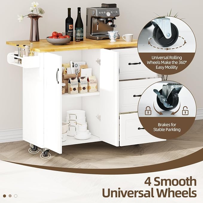 4 EVER WINNER 43" Modern Farmhouse Kitchen Island Cart with Drop Leaf, 3 Drawers, Adjustable Shelf, Spice Rack & Towel Rack, Rolling Kitchen Island for Small Kitchen & Dining Room, White