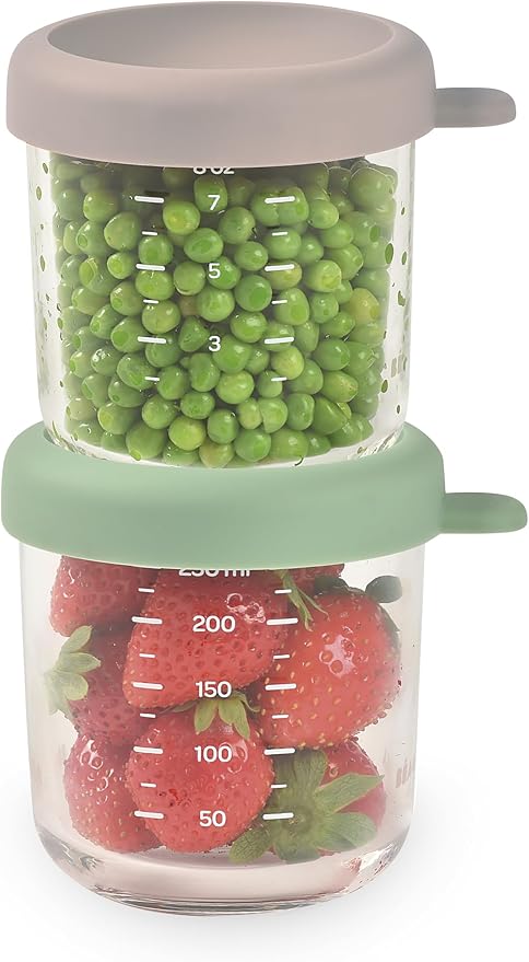 BEABA 2 Pack Glass Baby Food Jars with Soft Silicone Air Tight Lids, 8 oz Glass Storage Containers with Lids, Microwave and Freezer Safe Containers, Sage